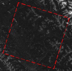 [Subsetted 30m Landsat band3 image, showing relative location of SPOT panchromatic band.  Click to enlarge.]