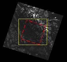 [30m Landsat multispectral band, showing relative location of SPOT panchromatic band.  Click to enlarge.]